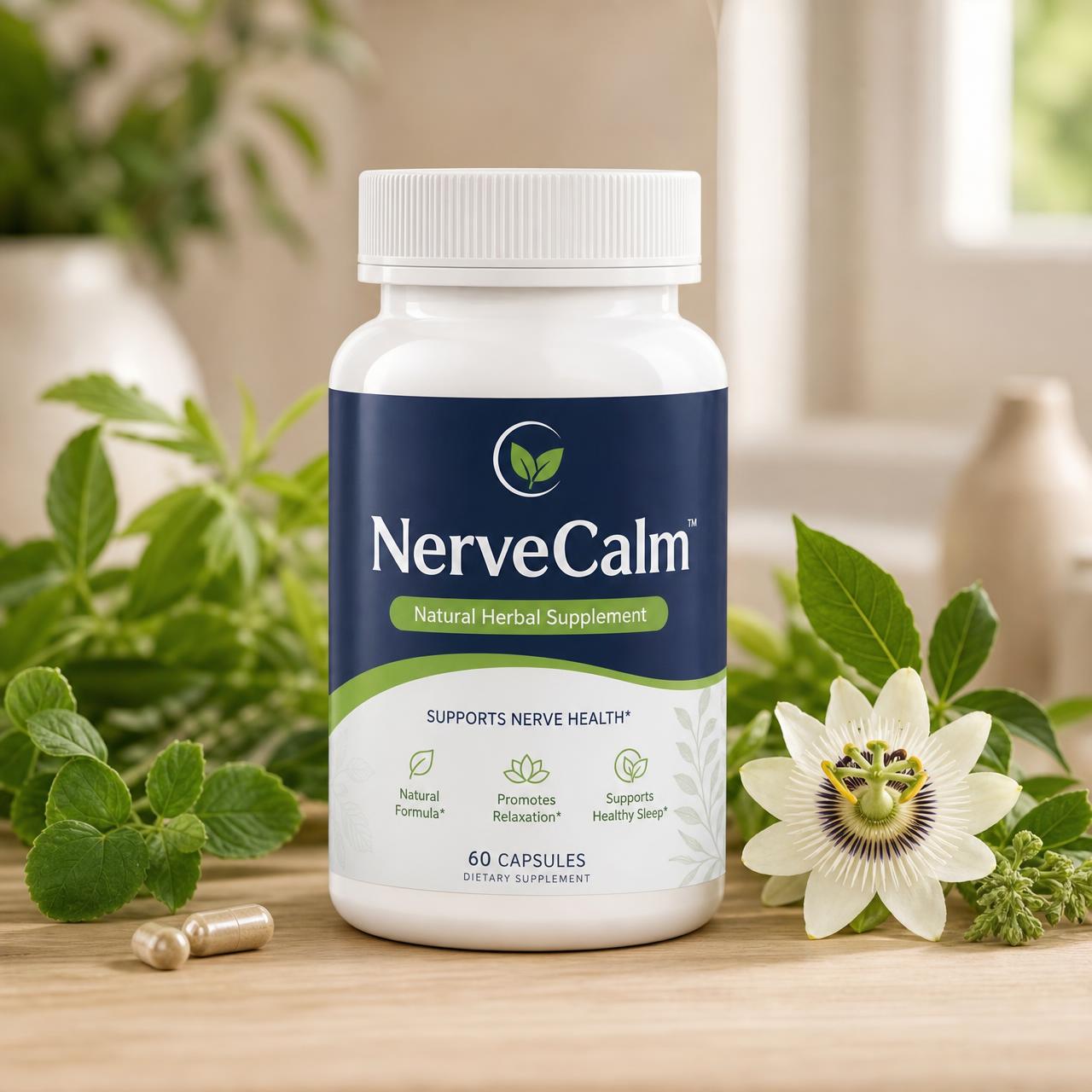 NerveCalm natural herbal supplement bottle surrounded by fresh green leaves